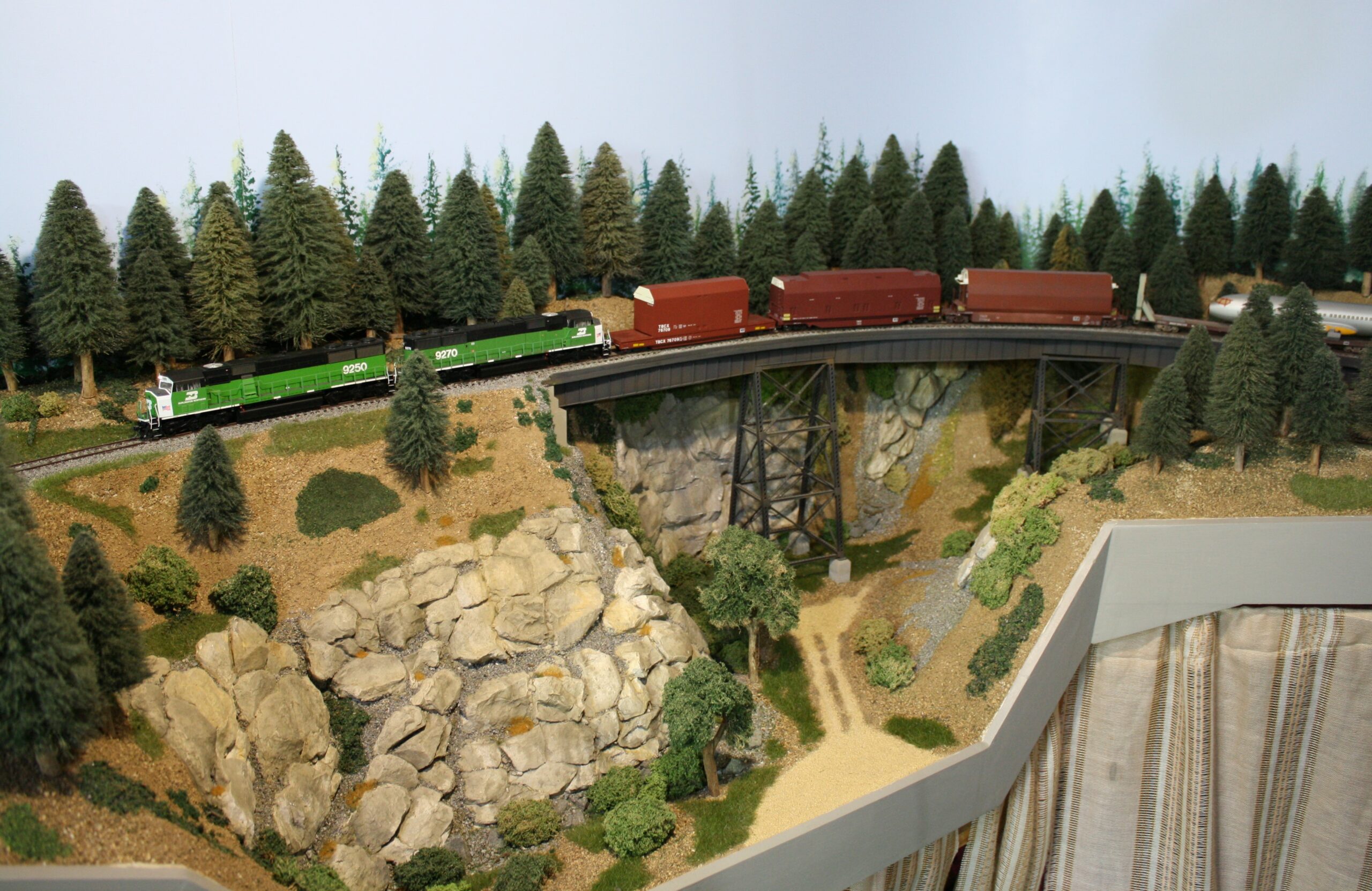 A Boeing train crossing my tressel, All these cars were scratch built by me. Gordon Fletcher|Photo Gallery